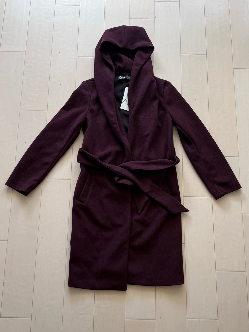 Zara Hooded Wrap Trench Coat in Burgundy